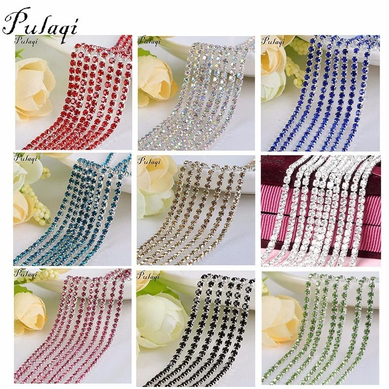 

Pulaqi Colorful Rhinestone Cup Chain Fine AB Claw Rhinestones DIY Silver Base Crystal Accessories for Party Dinner Dress Shoes F
