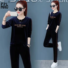 Autumn Winter Women Set Sportswear Velvet O-neck Casual Long Sleeves Letter Print Top And Pants Female Basic Loose Plus Size 4XL Autumn Winter Women Set Sportswear Velvet O-neck Casual Long Sleeves Letter Print Top And Pants Female Basic Loose Plus Size 4XL