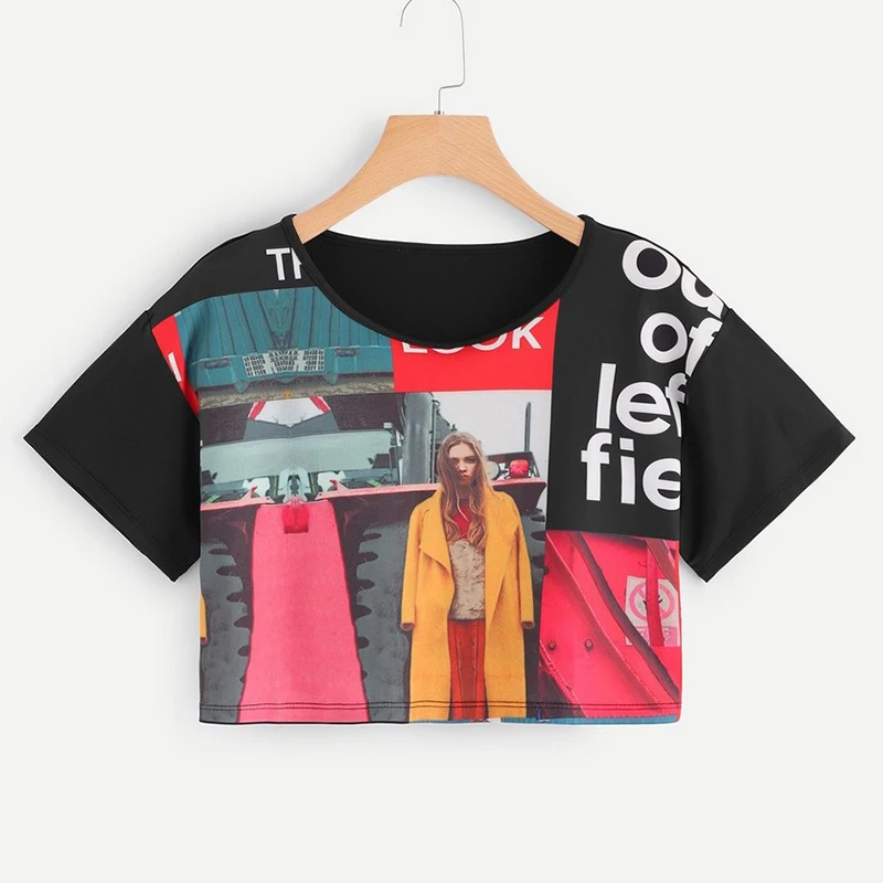 

Summer Women's Tops 2019T Shirt Women's Portrait Digital Print Short Tops Women's T-Shirt Sexy Navel Black T-Shirt