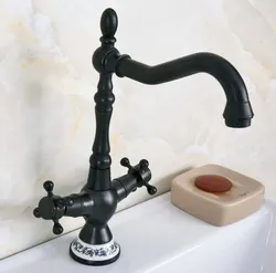 Oil Rubbed Bronze Dual Cross Handles Ceramic Base Bathroom Kitchen Basin Sink Faucet Mixer Tap Swivel Spout Deck Mounted mnf646