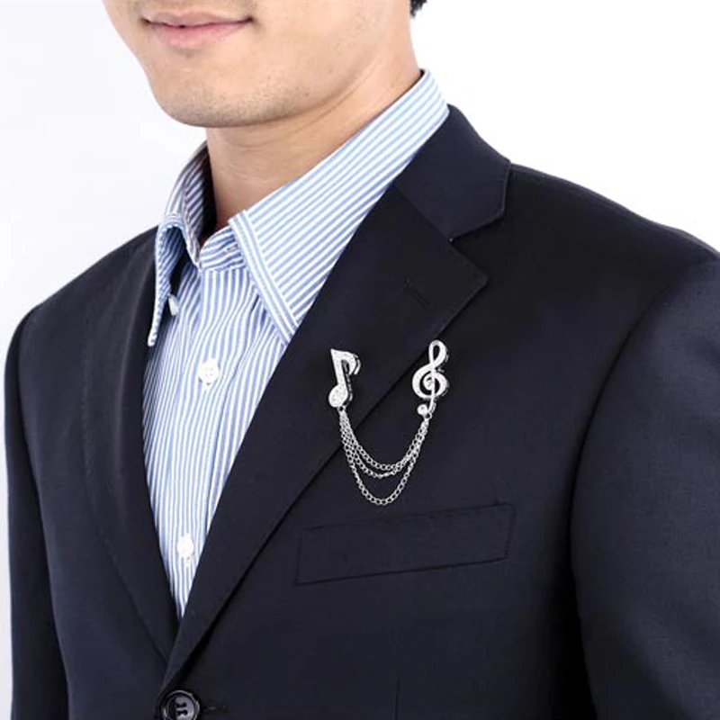 Crystal Music Note Chain Brooch Pin, Shirts Neck Collar Tips with Layers Tassel Chain Blouse Lapel Pins for men women