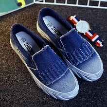 2016 New Tassel Style Denim Canvas Flat font b Women b font Loafers Shoes Platform A
