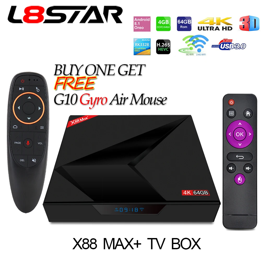 

L8STAR X88 MAX + PLUS Free G10 Fly Air Mouse RK3328 4GB 64GB Smart Android 8.1TV BOX Quad core 4K Subscription IPTV mi SET-TOP