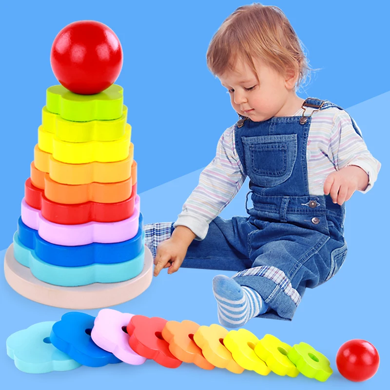 

MamimamiHome Baby Toys Flowers Wooden Rainbow Tower Stacking Tower Intellectual Game Montessori Toys Building Blocks
