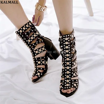 

KALMALL Summer Gladiator Rome Sandal Boots Women Rivets Cut Outs Sandals Spike Ankle Boots Block High Heels Peep Toe Sandal
