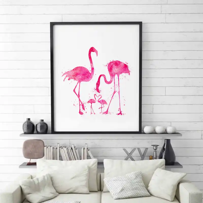 Flamingo Suluboya Posteri Kus Duvar Sanati Pembe Boyama Flamingo