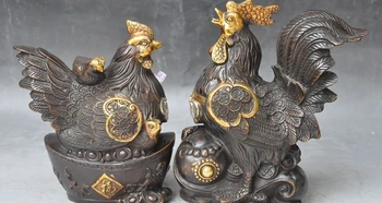 

chinese bronze gilt fengshui yuanbao bat Happy Cock Rooster wealth lucky statue