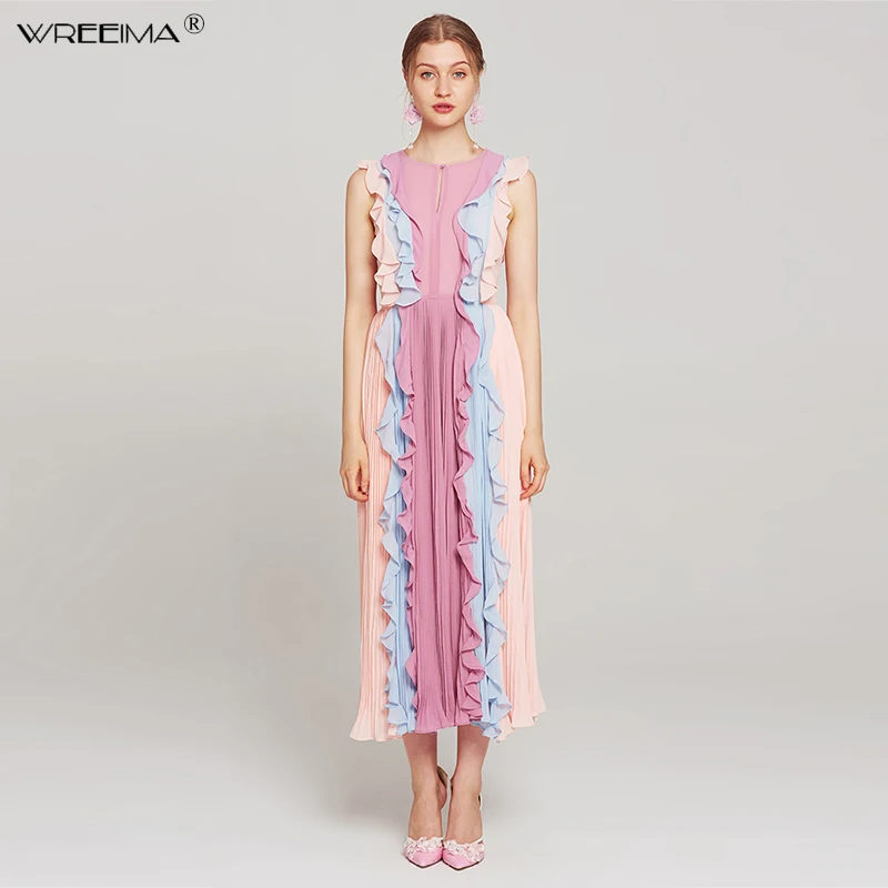 

wreeima Fashion Designer Runway Plus size summer Dress Sleeveless Pleated Ruffles Patchwork Casual Holiday Rainbow Party Dress