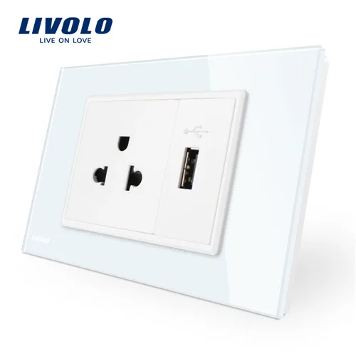 Livolo us розетка с usb зарядным устройством, белая/черная кристальная стеклянная панель, AC 110~ 250V 16A настенная розетка, VL-C9C1US1U-11/12 - Тип: White