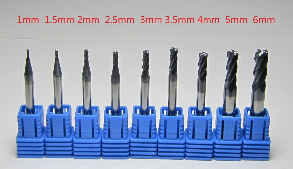 

9PCS 4 flutes Tungsten Carbide End Mills set bits / milling cutter HRC45 1mm 1.5mm 2mm 2.5mm 3mm 3.5mm 4mm 5mm 6mm CNC L=50mm