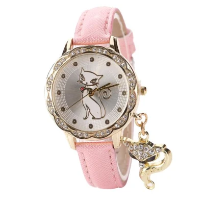 Модные часы женские роскошные Брендовые Часы с кожаными дамскими часами со стразами с принтом кота милые Elegantrelogio Feminino - Цвет: 4