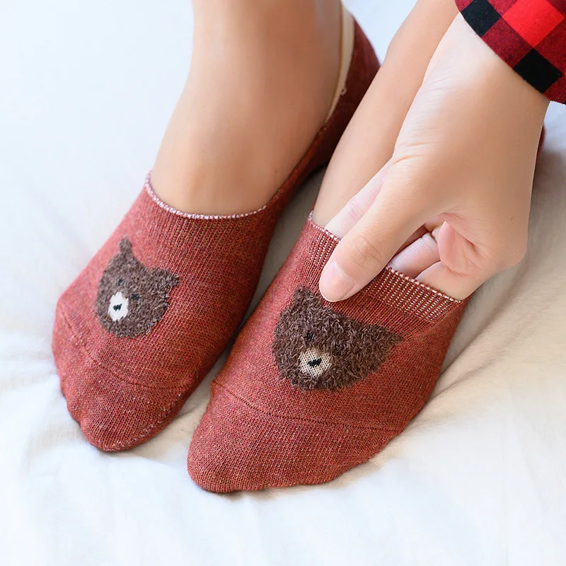 

Jeseca New Female Jacquard Bear Socks Slippers Cute Kawaii Women Girl Short Spring Summer Autumn Invisible Non Slip Socks