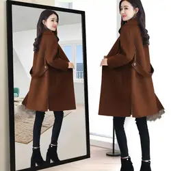Для женщин отложным воротником комбинированная верхняя одежда осень-зима с длинным рукавом шерстяные пальто и пуговицы Повседневное