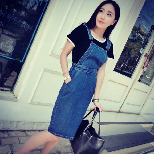 Womens Jumper Denim Skirt Jeans overall Midi Skirts Straps Zipper Up on