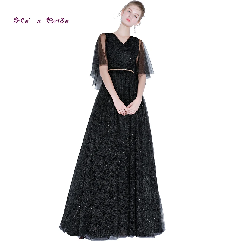 He's Bride Black New Elegant Evening Dresses V-neck Half Sleeves Floor-Length Simple Lace Sashes Prom Party Gown Robe De Soiree | Свадьбы