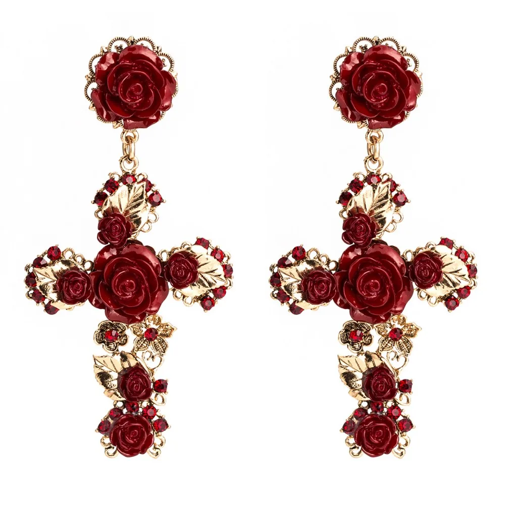 Qiaose дизайн 3 цвета розы Цветы Подвески в виде креста серьги для женщин барокко ювелирные изделия трендовые капли свисающие серьги горячая распродажа