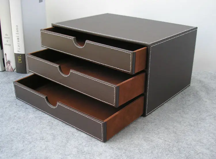 horizontal 3-layer 3-drawer wood struction leather desk filing cabinet storage box office organizer document container black217A