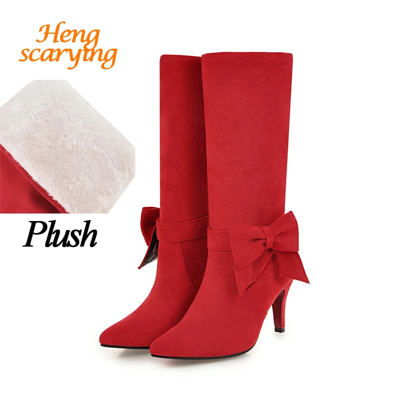 

2018 Fashion Women 8cm High Heels Ankle Boots Winter Warm Flock Suede Felt Boots Female Yellow Warm Red Bottom Sole Plush Shoes