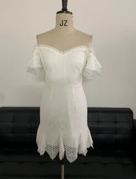 

Summer 2019 Mini Dress Sexy Short Lace Print Embroidery Women White Strapless Backless Night Club Celebrty Dresses Wholesale