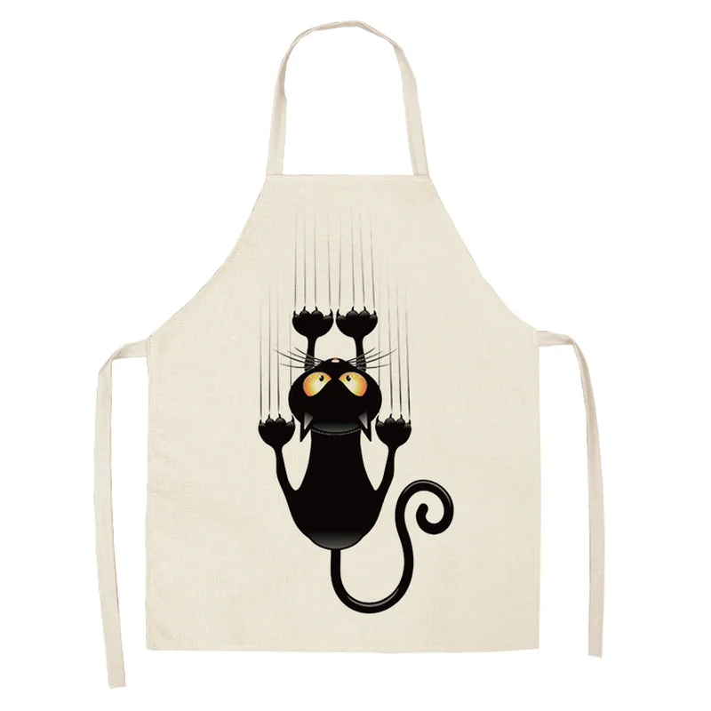 1 Pcs Cartoon Black Cat Pattern Kitchen Aprons for Woman Cotton Linen Sleeveless Apron Home Cooking Baking Bibs Cleaning Tools