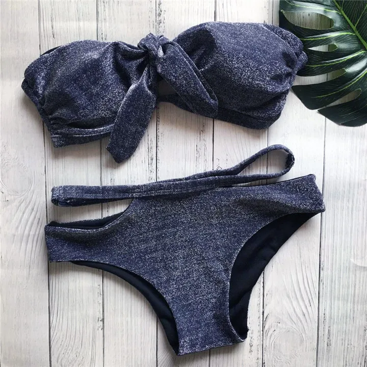 Maillot De Bain Femme 2018 купальник женский бандо Купальник однотонный с бантиком черный