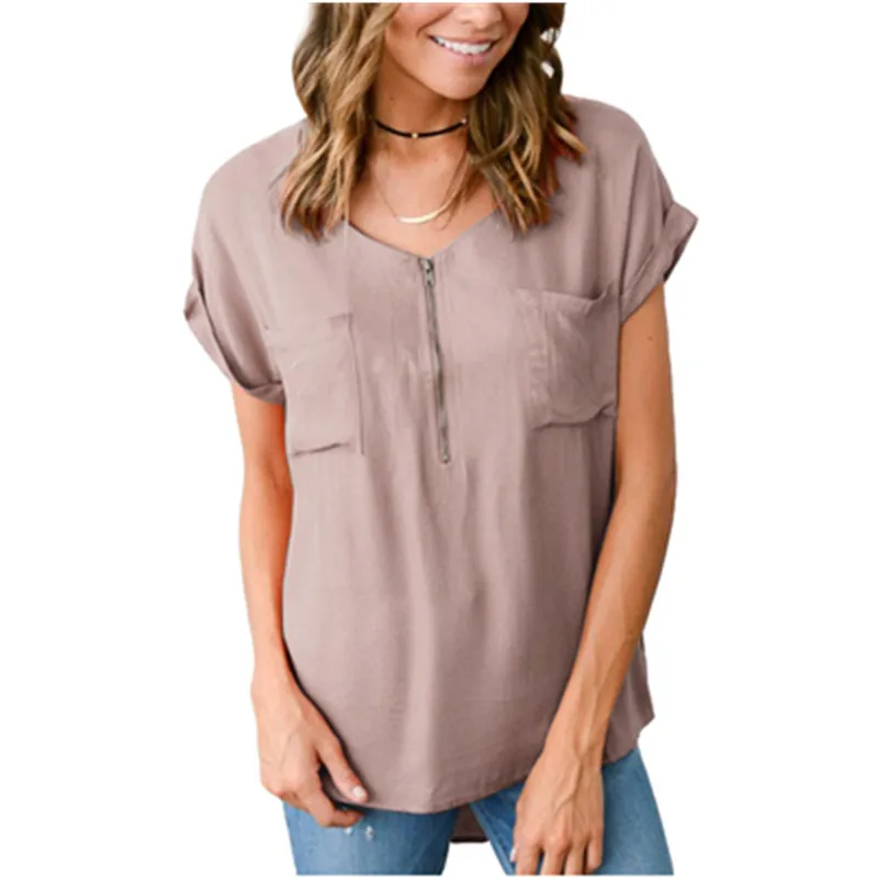 

Women Summer Blouse V Collar Zipper Pocket Short Sleeve Loose Shirt Office Lady Solid Black Grey Orange Color Long Length Shirts