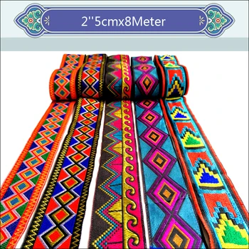 

2''5cmx8M High quality Geometric design series webbing National wind embroidery Polyester Woven Jacquard Ribbon DIY costume lac