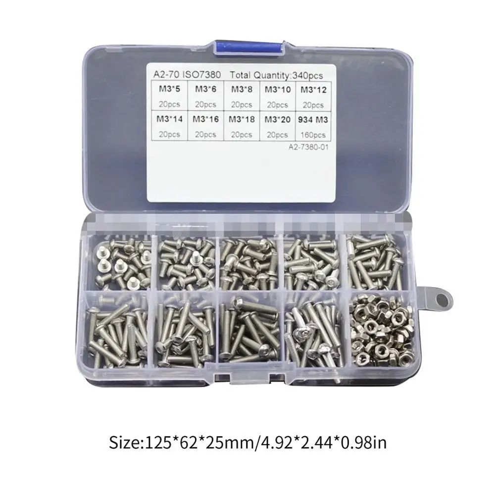 

340Pcs M3 With Nuts Foreign Trade Stainless Steel 304 Pan Head Hexagonal Screw Combination Set Boxed