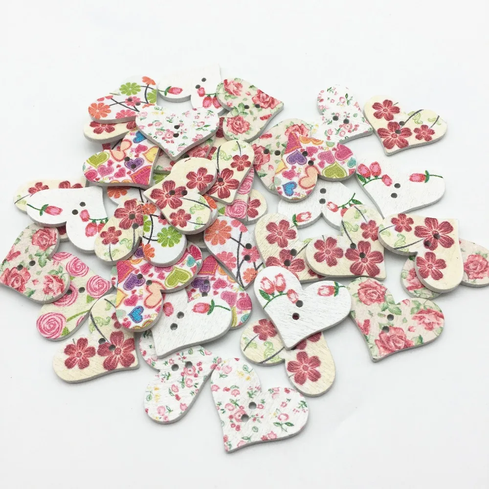 100 шт. 23x30 мм потертый шик цветы Florals смешанные сердца деревянные пуговицы для