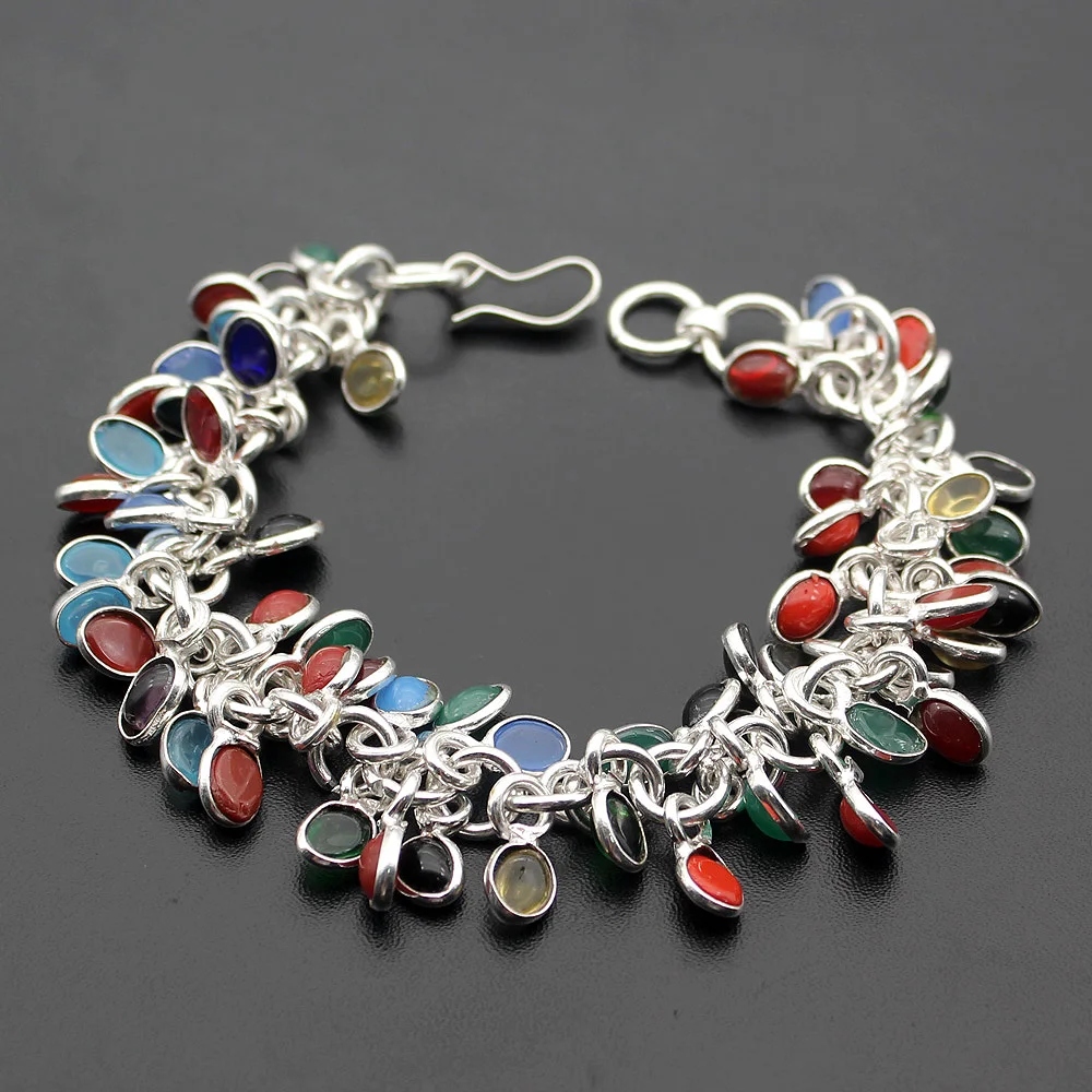

Hermosa Jewelry Multi-Precious Stones SPLENDID RED CORAL BLACK ONYX PERIDOT 925 Sterling Silver Bracelet 8 inch Adjustable