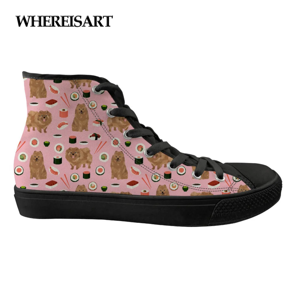 

WHEREISART Classic High Top Flats Women Canvas Shoes Kawaii Animal Dog Pomeranian Pattern Casual Women's Sneakers Shoes Woman