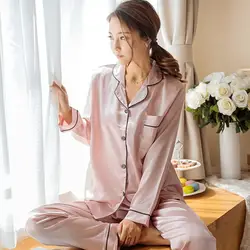 Имитация шелка Для женщин пижамы набор мягкой пижамы Весенняя мода Гладкий с длинным рукавом Домашняя одежда корешей ночное продаж