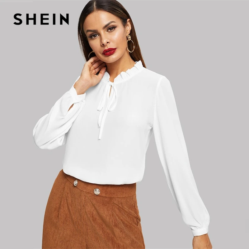 SHEIN Нарядная Однотонная Блузка С Длинным Рукавом, Офисная Блузка С Оригинальным Воротником