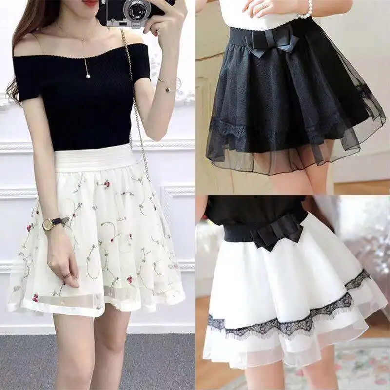 

2019 New Summer High Waist A-Line Women Skirt Large Size Elastic Waist Lace Pleated Skirt Sweet Mini Student Skirt Tutu Skirt
