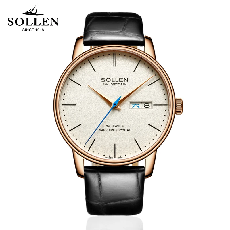 

New SOLLEN Brand Luxury Men Watch Simple Business Style Automatic Mechanical 3ATM Watch Natural Cowhide Strap Relogio Masculino