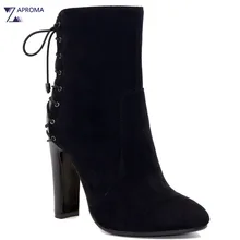 2018 Lace Up Rome Chunky Heel Women Ankle Boots Faux Suede Black Super High Heel Pointed Toe Shoe Short Plush Autumn Winter Lady