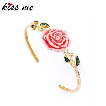 

KISS ME Pink Resin Enamel Rose Flower Cuff Bracelets Female New Fashion Gold Color Plating Bangles for Women Indian Jewelry
