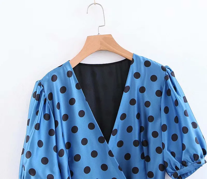 ROHOPO Blue Lantern Short Sleeve Polk Dot Midi Dress Tie Belt Flared V Collar British Tunic Dresses #BM1803