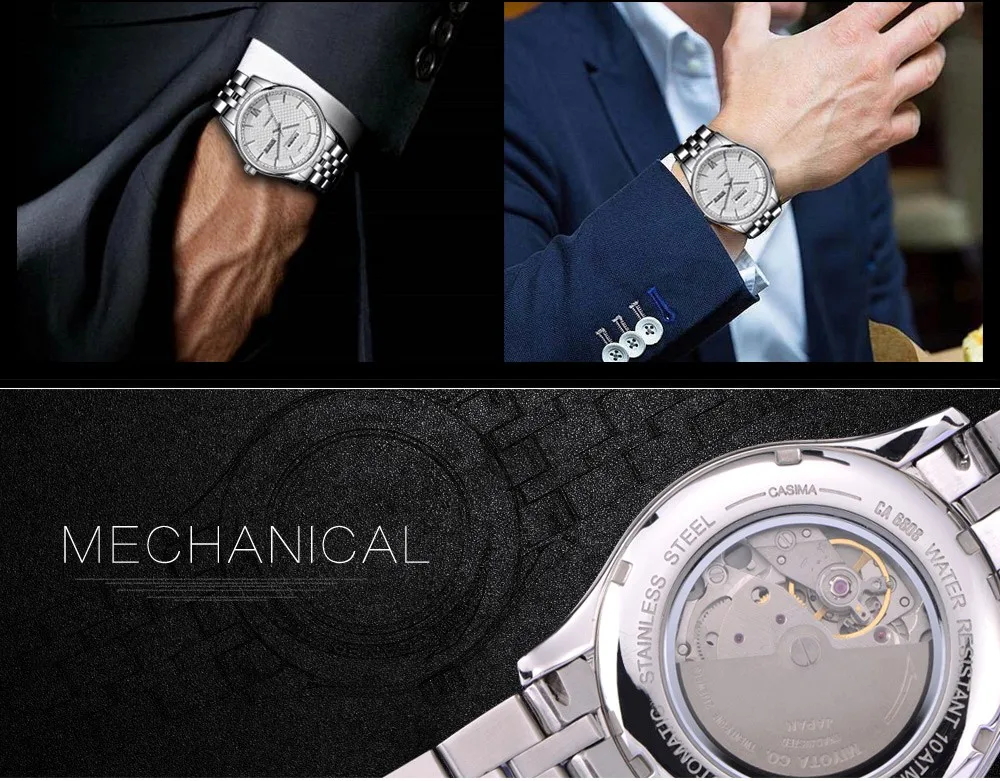 CASIMA мужские часы из нержавеющей стали с сапфиром, автоматические заводные деловые модные наручные часы с календарем, водонепроницаемые 100 м#6808