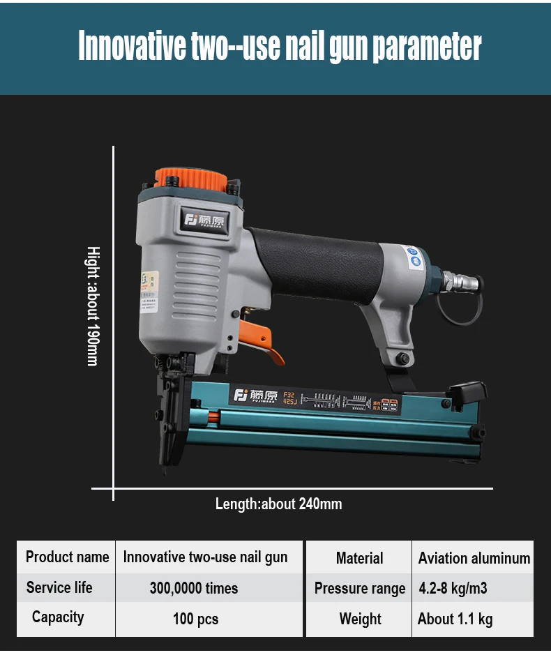 FUJIWARA 2-в-1 плотник пневматический гвоздепистолет деревообрабатывающий пневматический степлер для домашнего использования, плотницкое дело украшения F10-F30, 422J гвозди