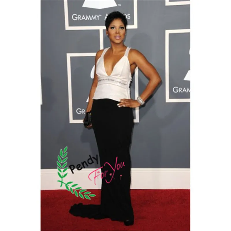 Toni Braxton Sexy White And Black Formal Prom Dress Spaghetti