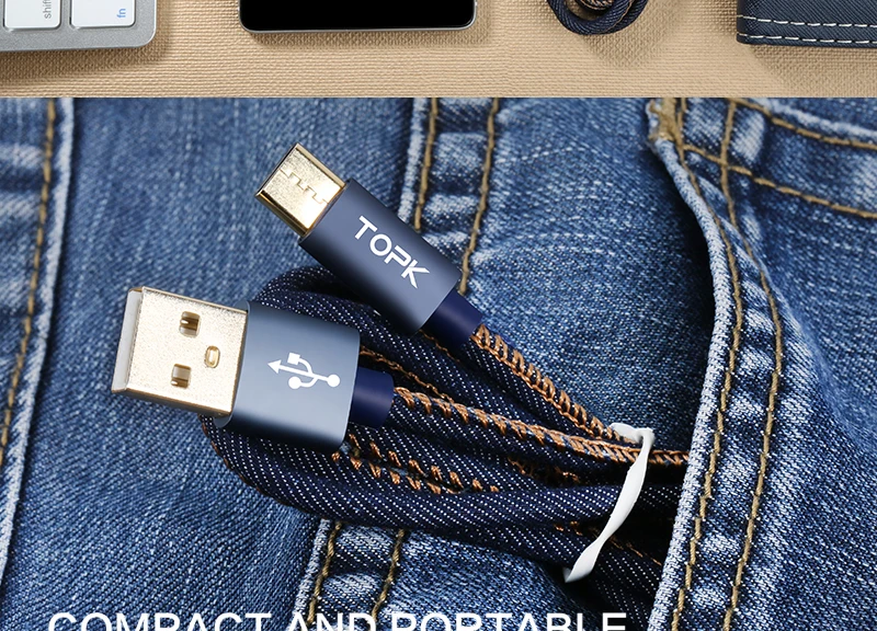 Type-C кабель, TOPK Denim провод USB C позолоченный штекер быстрой зарядки usb type C кабель для MacBook/Xiaomi 4C/Letv/Oneplus