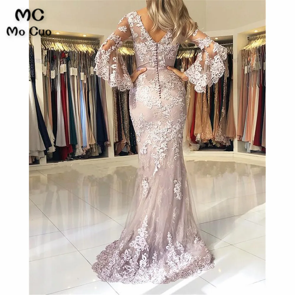 Elegant V-neck Lace Mermaid Prom Dresses Puffy Sleeves (5)