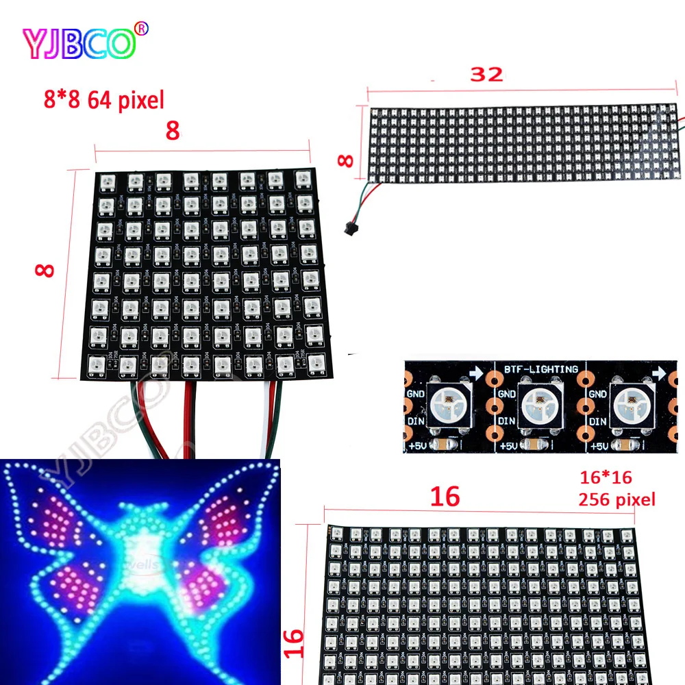 

8*8/16*16/8*32 WS2812B Panel Screen Pixels Digital Flexible LED Programmed Individually Addressable Full Color DC5V
