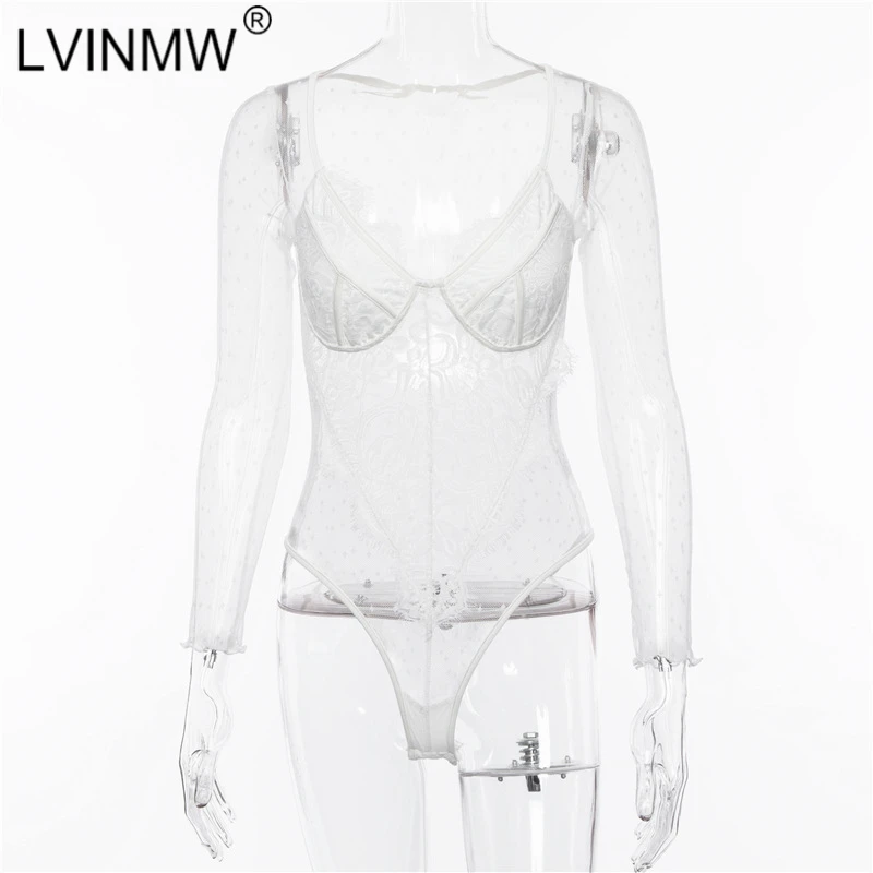 LVINMW сексуальные кружевные женские боди с вышивкой осень зима длинный рукав v-образный вырез сетчатый перспективный короткий комбинезон клубный комбинезон