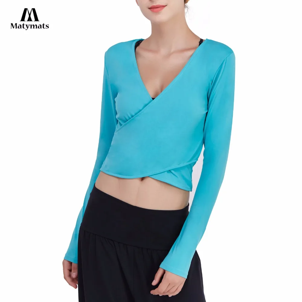 

Matymats Reversible Yoga Shirt High Quality Long Sleeves Deep V-neck Cross Wrap Crop Tops Lightweight Fitness Tops