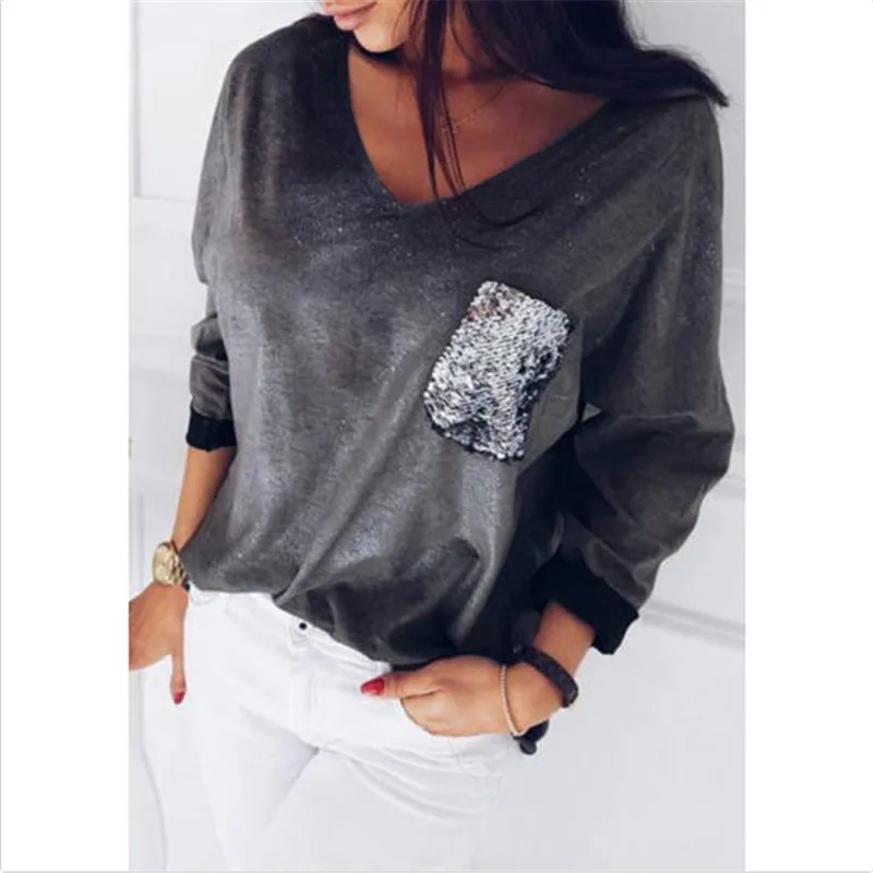 Womens Ladies Casual Long Sleeve Tops Shirt V Neck Loose T-shirt Blouse Tee Top