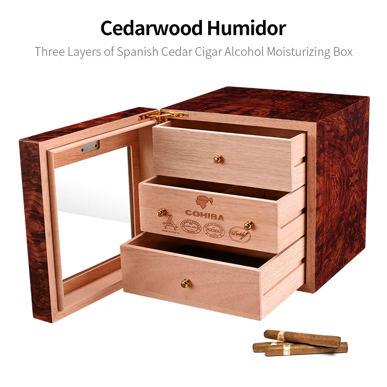 CIGARLOONG 3 Layers Cigar Humidor Box cedar Wood Lined Hygrometer Smoking Cigar Accessories Gifts CA-0412