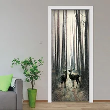 2 Pcs/set DIY Door Stickers PVC Waterproof Self-adhesive Nordic Forest Elk 3D Wallpaper Living Room Door Decor 3D Mural Decals
