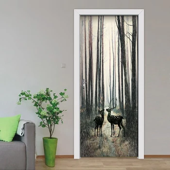 

2 Pcs/set DIY Door Stickers PVC Waterproof Self-adhesive Nordic Forest Elk 3D Wallpaper Living Room Door Decor 3D Mural Decals